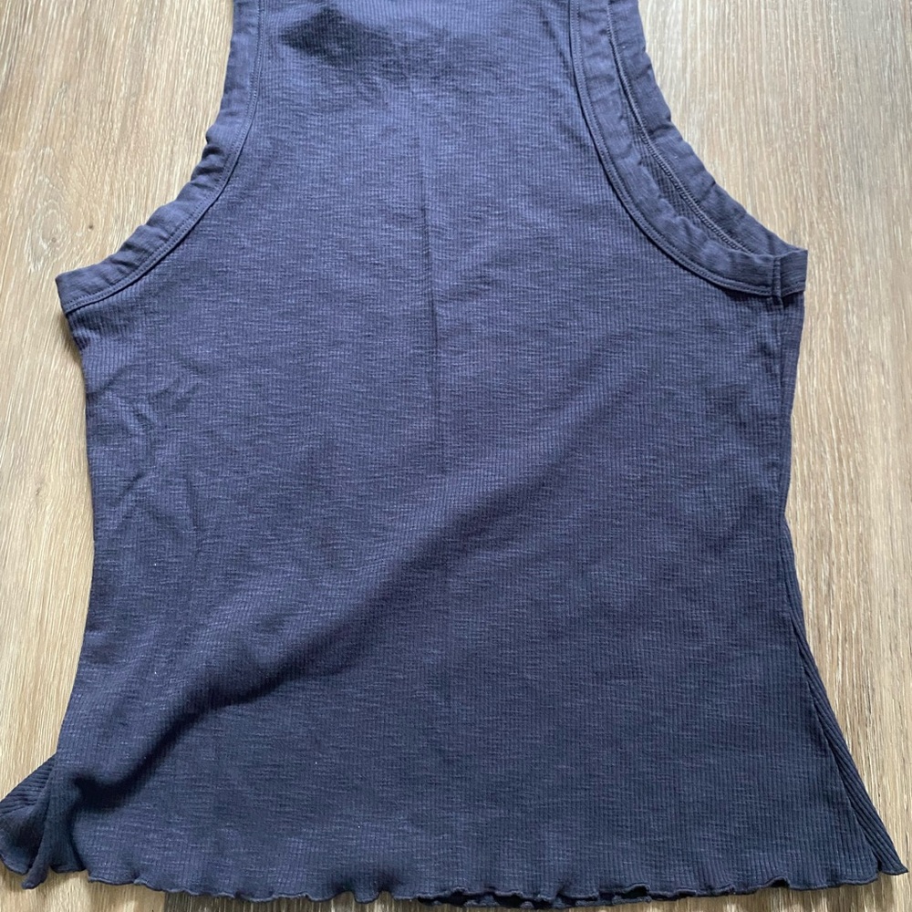 Rib Knit Cotton Ruffle Trim Racerback Blue Layering Tank Top Medium 90s Minimal - Picture 4 of 4